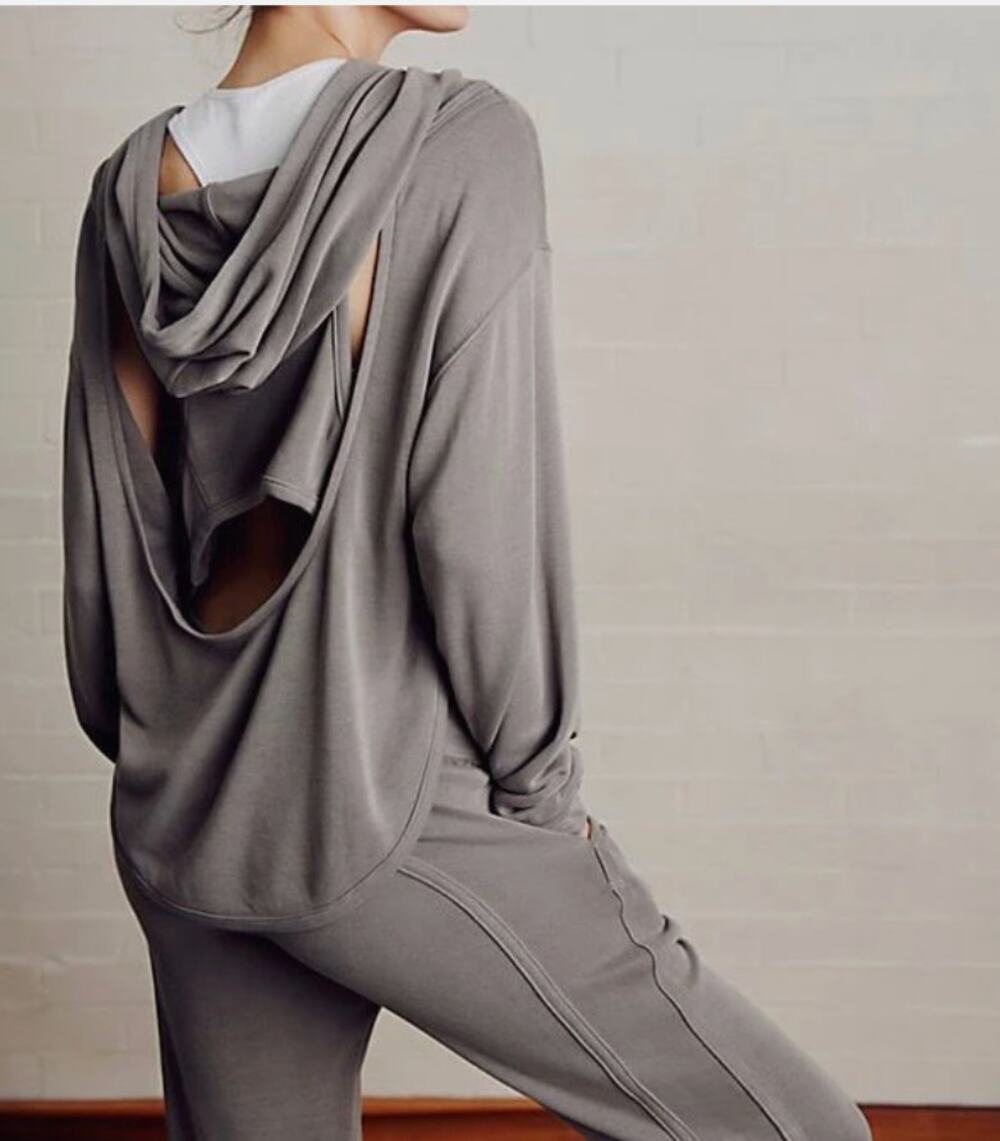 FREE PEOPLE Movement Back Into It Olive Green Long Sleeve Rounded Hoodie Sz XS